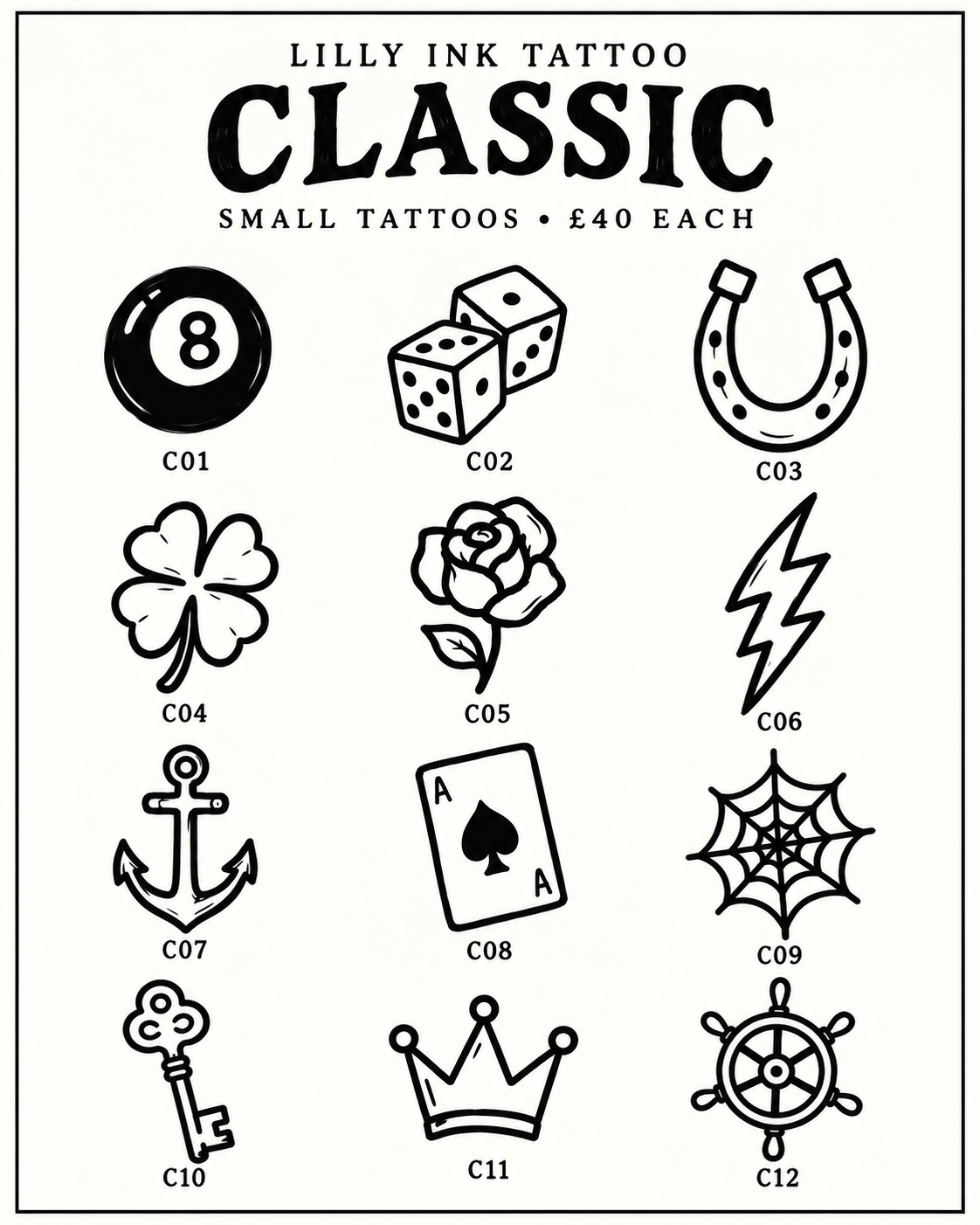 Classic £40 flash sheet, C01–C12: eight ball, dice, horseshoe, clover, rose, lightning bolt, anchor, ace of spades, web, key, crown and ship’s wheel.