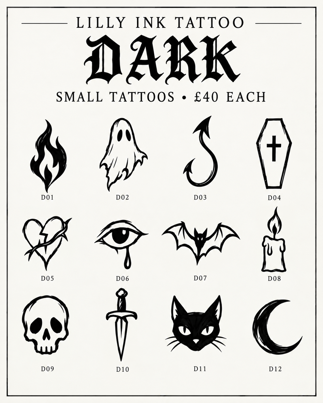 Dark £40 flash sheet, D01–D12: flame, ghost, devil tail, coffin, broken heart, crying eye, bat, candle, skull, dagger, cat and crescent moon.
