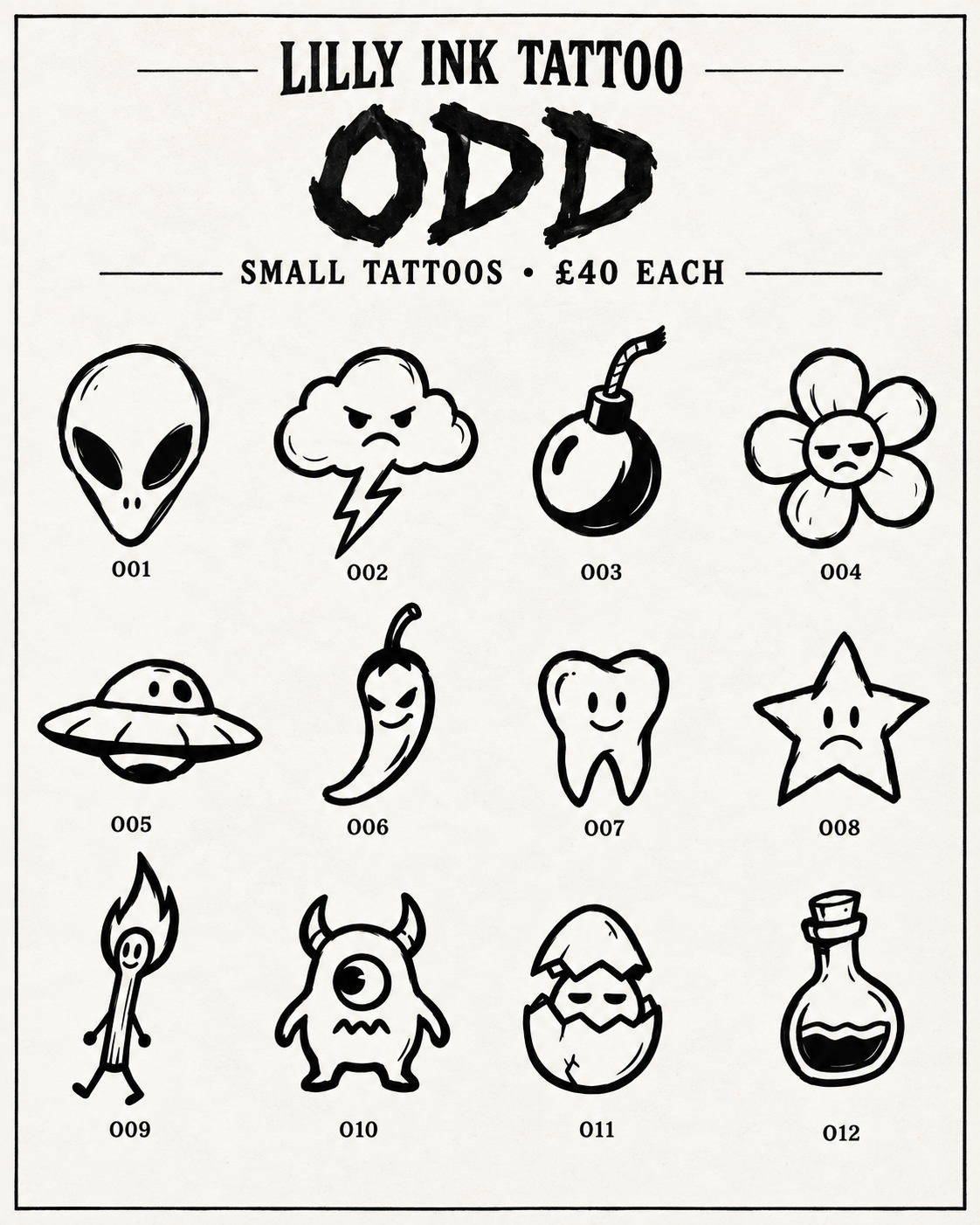 Odd £40 flash sheet: alien, storm cloud, bomb, grumpy flower, UFO, chilli, tooth, sad star, burning match, monster, hatching creature and potion bottle.