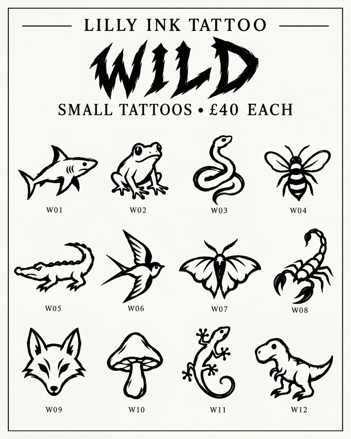 Wild £40 flash sheet, W01–W12: shark, frog, snake, bee, crocodile, swallow, moth, scorpion, fox, mushroom, gecko and dinosaur.