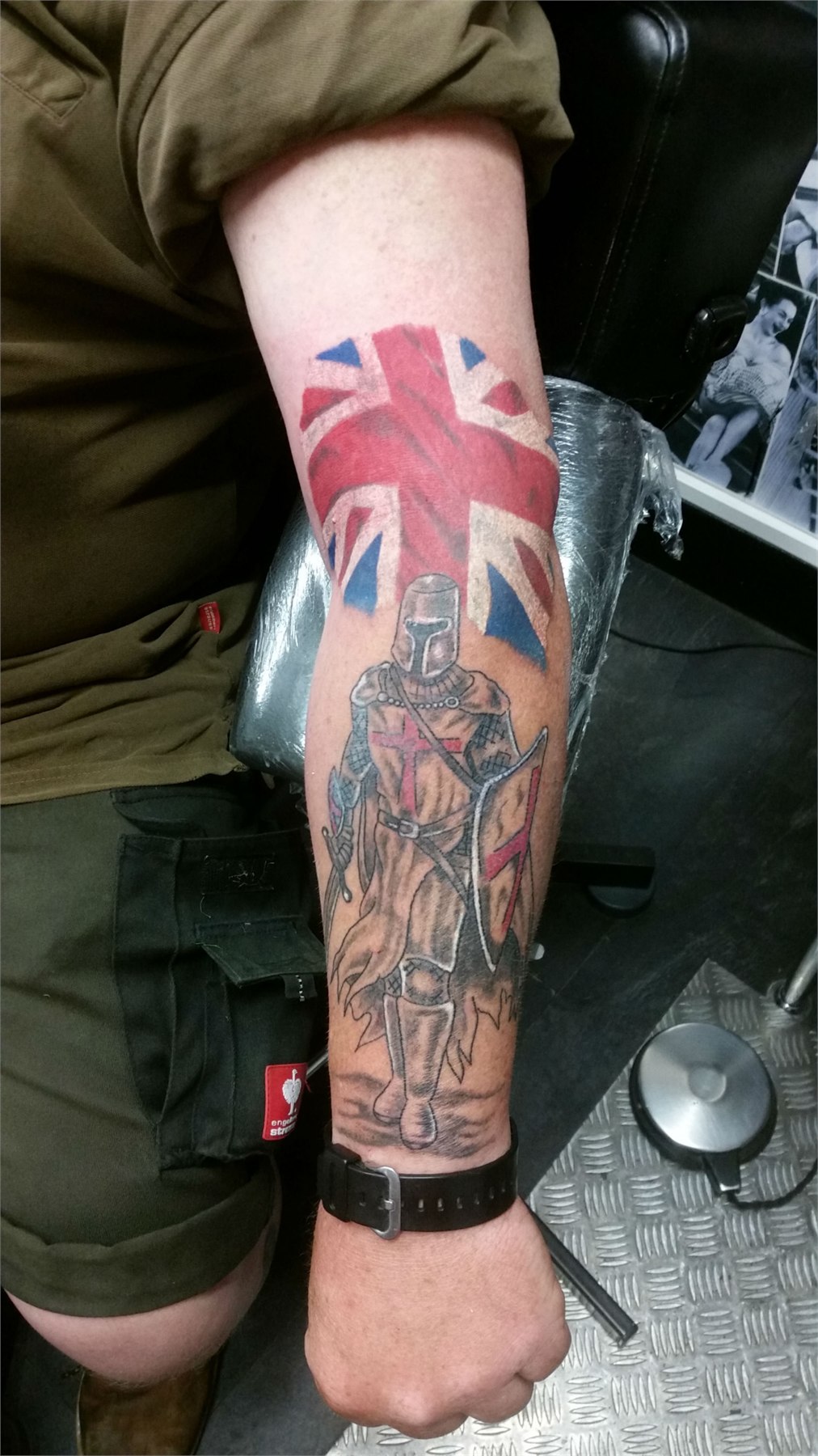 Union Jack and portrait tattoo sleeve with colour details